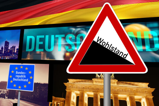 Flagge von Deutschland und ein Verkehrsschild als Symbol f&uuml;r sinkenden Wohlstand
