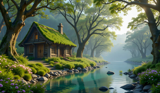 A charming log cabin with a mossy roof sits beside a tranquil river, surrounded by blooming flowers, lush greenery, and tall trees in soft sunlight and a serene forest setting.