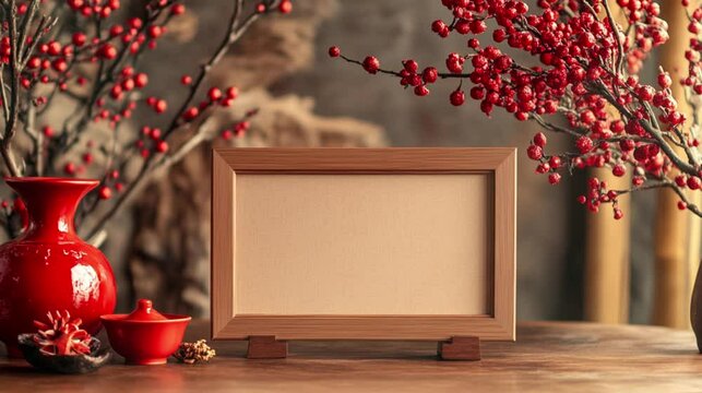 A wooden frame on the table concept of Chinese Lunar New Year. Chinese culture for copy space video footage.