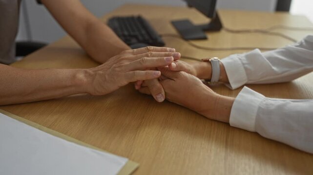 Man and woman holding hands at office desk showing support and empathy during conversation in an indoor workplace setting