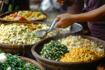 Obraz premium Street food vendor serving steaming rice and noodles in bamboo baskets.