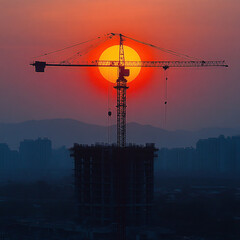 Naklejka premium Silhouette of construction cranes against a vibrant sunset, representing urban development and anticipation for new beginnings in the upcoming New Year 2025.