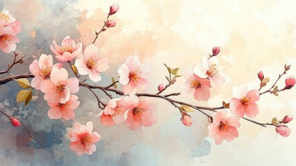Cherry Blossom Landscape Soft Pastel Watercolor Illustration with Sunlight and Flowers