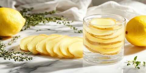 Fresh ginger and lemon herbal tea with thyme on marble