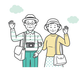 仲の良い老夫婦が旅行先で楽しんでいる上半身イラスト