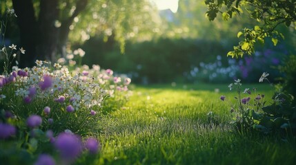 Idyllic spring garden with a harmonious mix of greenery and vibrant blossoms.