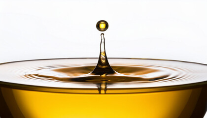 Drop of cooking oil falling into oil on white background