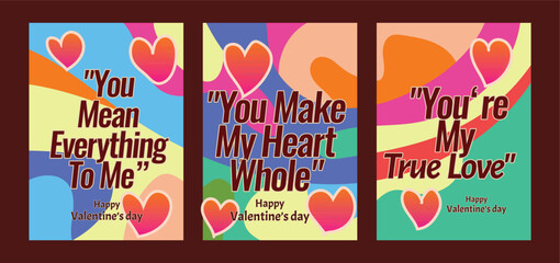 Naklejka premium Modern Valentine Templates with Trendy Pastel Backgrounds. A set of Valentine’s Day greeting card with sample text, red hearts and abstract backgrounds templates vector illustration. 