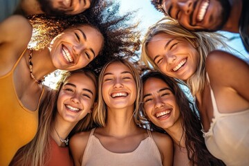 Obraz premium Joyful group of friends smiling together outdoors in bright sunny atmosphere celebrating diversity and connection