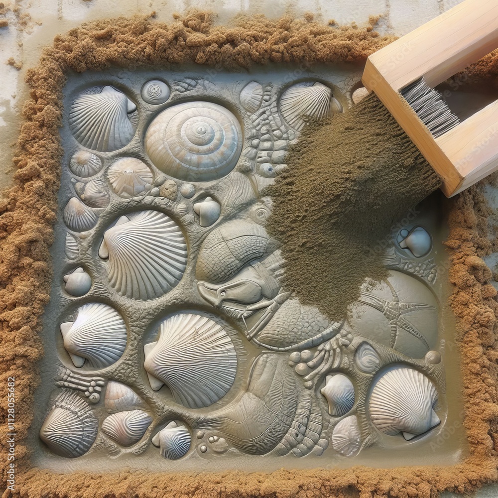 Poster cement transfer of shell fossil shapes embedded into concrete sl