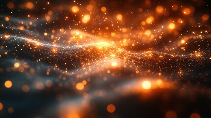 Abstract glowing orange and blue particles wave motion background.