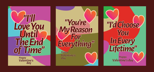 Naklejka premium Three Unique Valentine Greeting Cards with Modern Abstract Art. A set of Valentine’s Day greeting card with sample text, red hearts and abstract backgrounds templates vector illustration. 