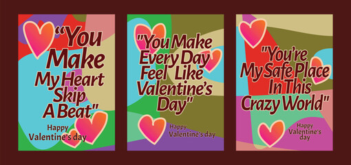 Set of 3 Artistic Valentine Cards with Bold Hearts and Abstract Pastels. A set of Valentine’s Day greeting card with sample text, red hearts and abstract backgrounds templates vector illustration. 