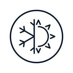 Snowflake, sun, arrow in circle. Vector linear icon isolated on white background.