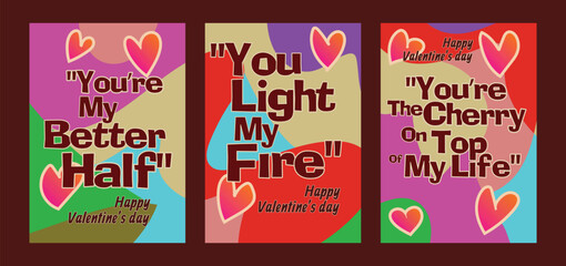 Bold Valentine Cards Featuring Red Hearts and Subtle Pastel Art. A set of Valentine’s Day greeting card with sample text, red hearts and abstract backgrounds templates vector illustration. 