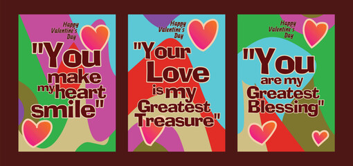 Set of 3 Stylish Valentine Cards with Minimalist Art. A set of Valentine’s Day greeting card with sample text, red hearts and abstract backgrounds templates vector illustration. 