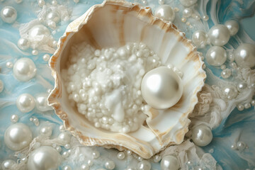 Stunning display of pearls nestled in a shell on a decorative surface Newborn backdrop