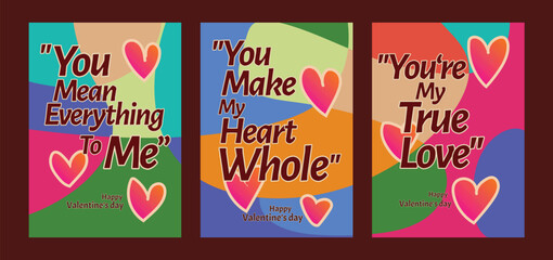 Naklejka premium Three Romantic Valentine Templates with Vibrant Pastel Art. A set of Valentine’s Day greeting card with sample text, red hearts and abstract backgrounds templates vector illustration. 