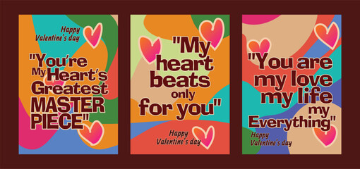 Modern Valentine’s Cards with Elegant Red Heart Motifs. A set of Valentine’s Day greeting card with sample text, red hearts and abstract backgrounds templates vector illustration. 