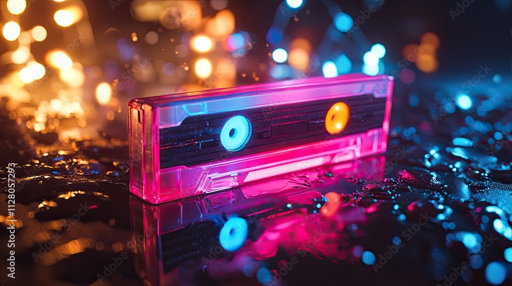 Poster bokeh lights in the background create a strange, exuberant atmosphere, while a bright neon cassette 