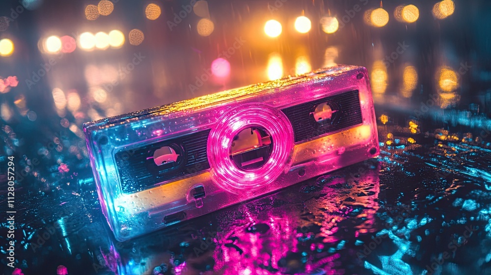 Aufkleber bokeh lights in the background create a strange, exuberant atmosphere, while a bright neon cassette 