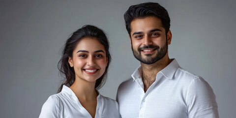 Fototapeta premium Indian couple in white shirts looking at the camera and smiling, generative AI