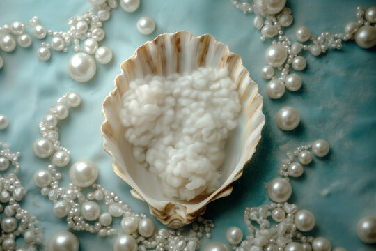 Elegant display of pearls and a unique texture in a shell on a blue surface Newborn backdrop