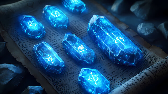 Enchanted glowing blue runestones aligned on ancient scroll background - mystical magic symbols, medieval fantasy art design, illuminated stones, rune magic. Runestone. Illustration