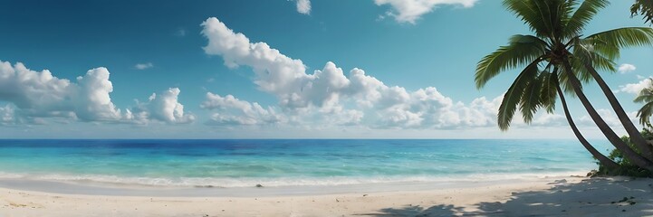 Fototapeta premium Serene Tropical Beach with White Sand, Turquoise Ocean, Palm Trees, and Fluffy Clouds