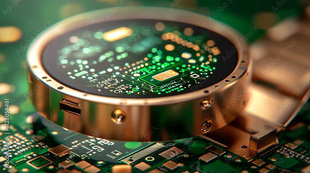 Poster A detailed view of a microchip embedded in a flexible wearable device Stock Photo with side copy space