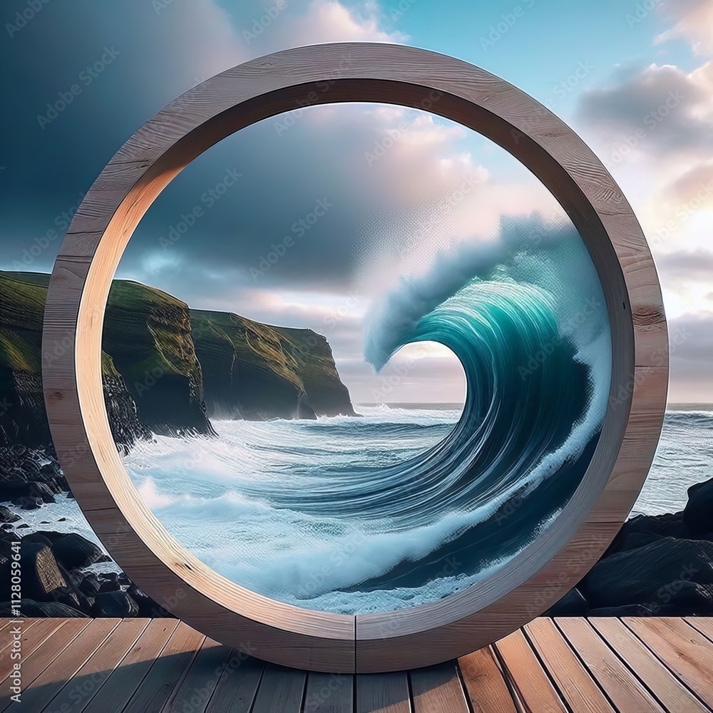Poster circular frame waves viewed through a circular opening