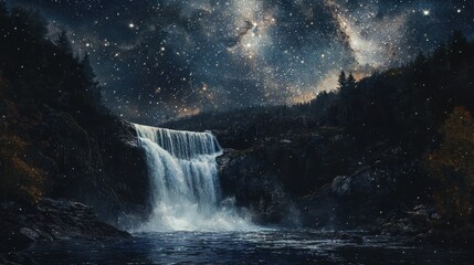 Starry Sky with Majestic Waterfall