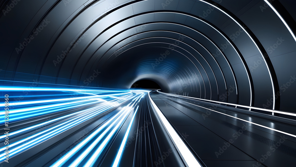Poster speed into the future: abstract light trails streak through a futuristic tunnel, symbolizing rapid t