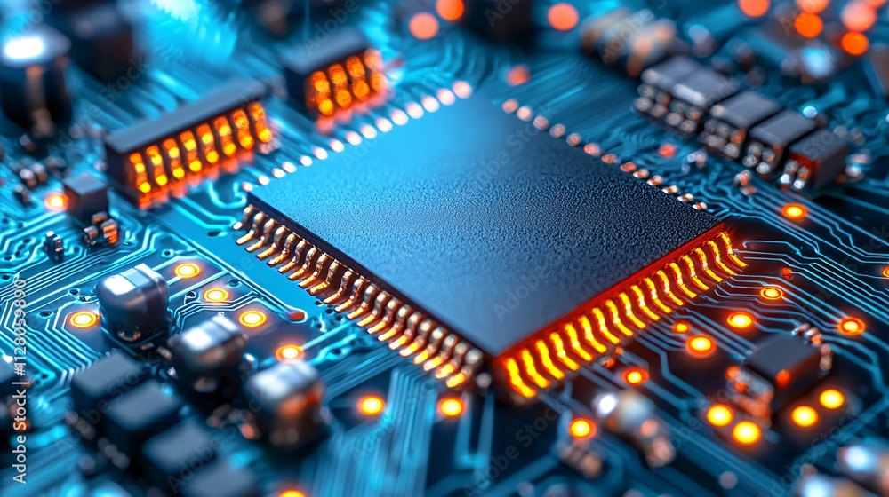 Poster A demonstration of microelectronic automation in high-speed industrial robotics Stock Photo with side copy space