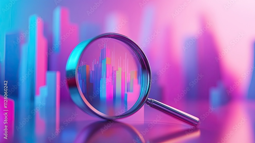 Poster close-up of a magnifying glass on a gradient background of pink and blue that has a colorful arrow g