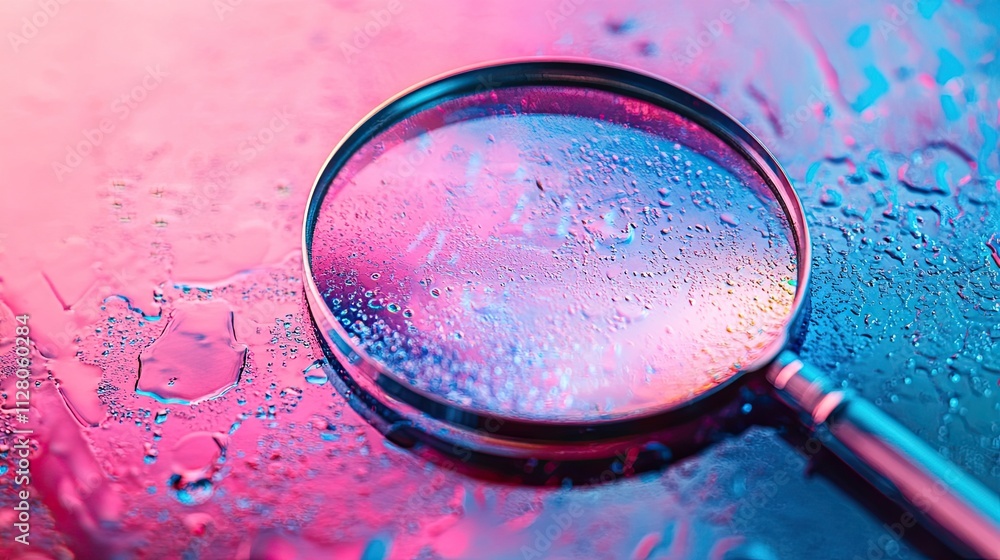 Poster close-up of a magnifying glass on a gradient background of pink and blue that has a colorful arrow g