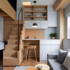 Efficiently designed small apartment features smart storage, a cozy seating area, and an integrated kitchen. Ideal for young professionals seeking compact urban living