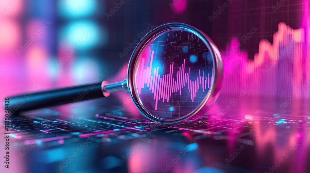 Poster close-up of a magnifying glass on a gradient background of pink and blue that has a colorful arrow g