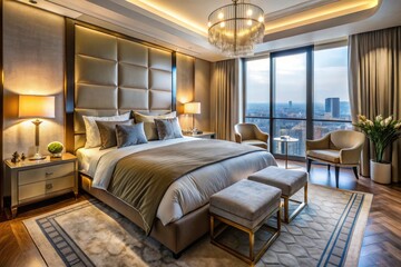 Fototapeta premium Aerial View of Luxurious Hotel Room with Stylish Bed, Elegant Décor, and Serene Atmosphere for Ultimate Relaxation and Comfort in Modern Hospitality Experience