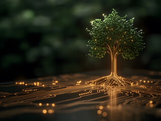 digital tree symbolizing growth and technology, with glowing roots and branches