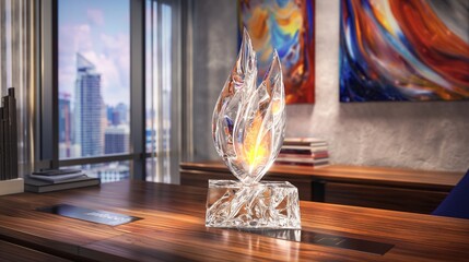 A crystal award shaped like a flame, displayed on a wooden desk in a contemporary office with abstract wall art and a city view. 32k, full ultra hd, high resolution -