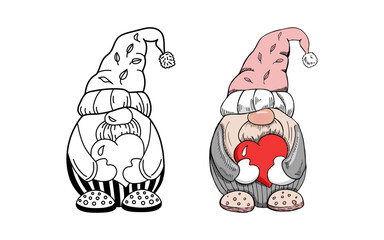 Outline doodle and colored hand-drawn  dwarf with heart