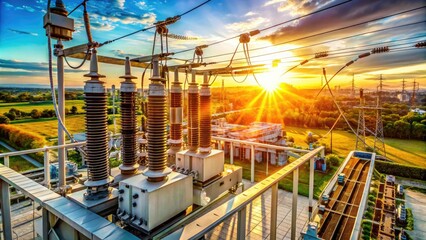 Overhead power lines converge at a high-voltage substation; an aerial view shows its complex electrical control panels and energy infrastructure.