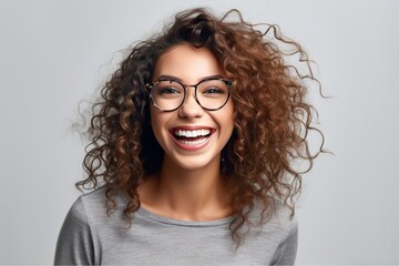 Obraz premium Close up front of young smiling woman with curly hair Generative AI