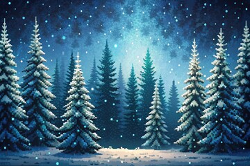 Pixelated winter scene: snowy forest, gently falling snow, low light, retro game aesthetic.