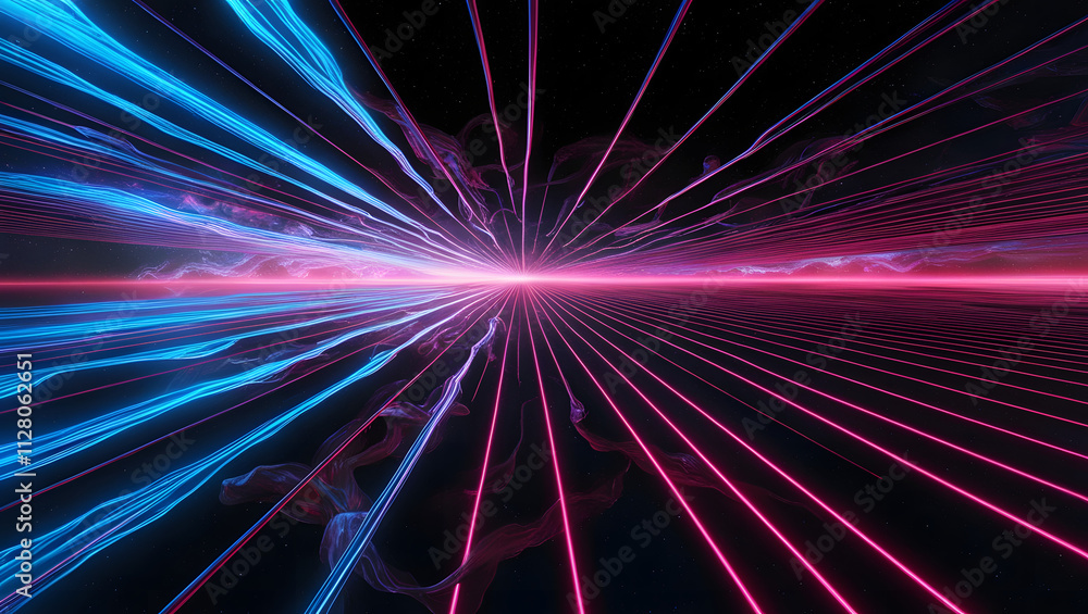 Poster neon dreamscape: abstract digital art featuring vibrant pink and blue neon lines converging towards 