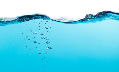 Obraz premium Water Wave. Air Bubbles Float Up Under Water. Water Splashing, Oxygen Relaxation. Blue Water Textured on White Background. 