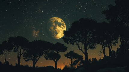 Fototapeta premium Starry Night with Silhouetted Trees and Moon