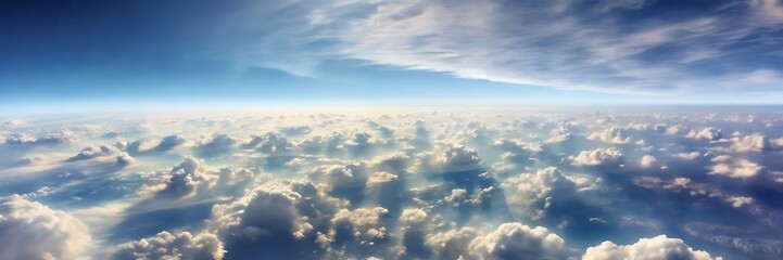 Panoramic High-Altitude Landscape Showcasing Earth's Curvature, Fluffy White Clouds, and Vibrant Blue Sky