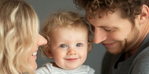 A beautiful family portrait showcasing a joyful child nestled between affectionate parents, capturing warmth, love, and happiness in a candid moment of togetherness and bonding.